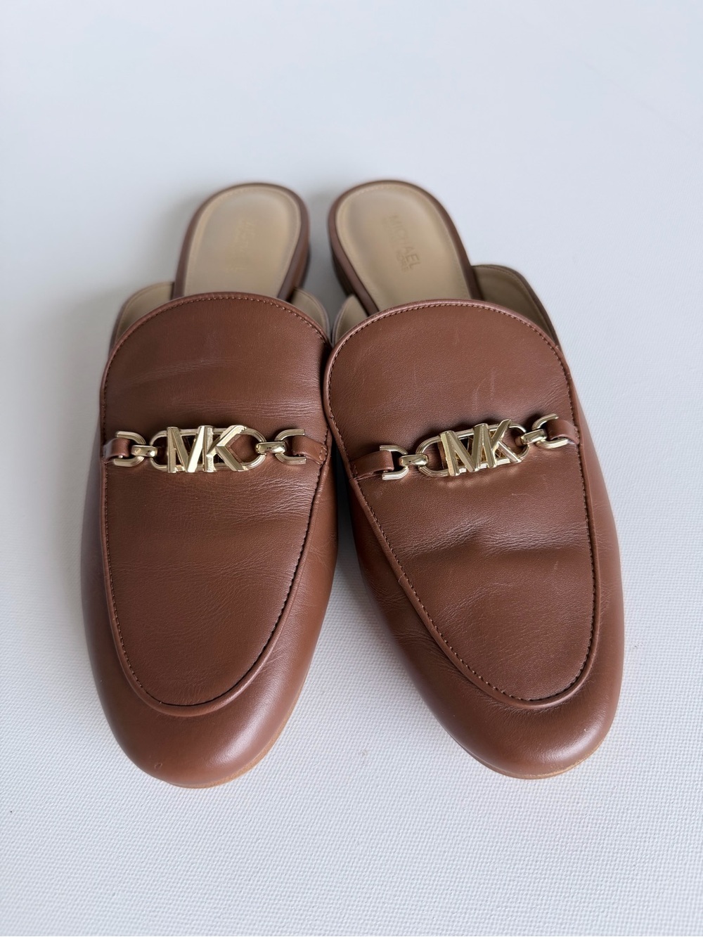 Michael Kors Leather Loafer Mule Brown Gold MK Chain Slides Size 9